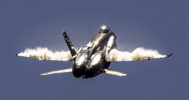 McDonnell Douglas FA-18 Hornet — - Demo hornet pulling into the climb and the sun...CIAS2016