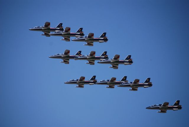 — — - The Frecce Tricolori Italian air force aerobatics team, Bucharest Air Show, July 22, 2012