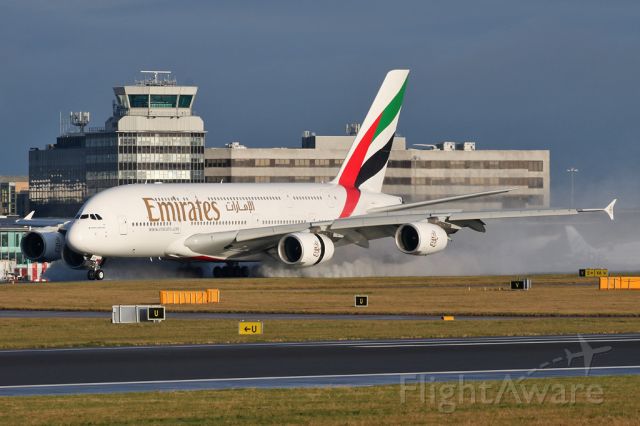 Airbus A380-800 (A6-EED) - EK17 arriving from Dubai and doing some water dispersal.