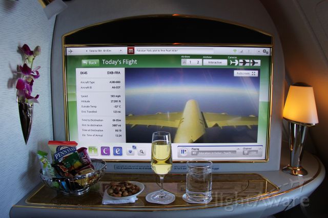 Airbus A380-800 (A6-EOT) - First Class Suite, Flight from Dubai to Frankfurt; 4-K Monitor showing Tail-Camera View.......
