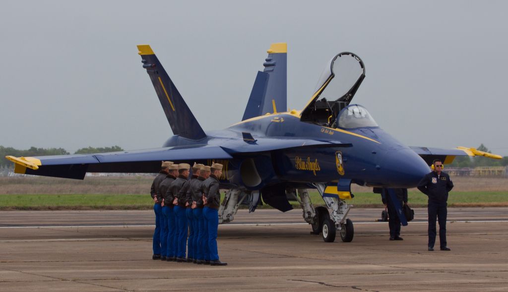 McDonnell Douglas FA-18 Hornet — - Blue Angels pilots prepare to take to their aircraft at the Heart of Texas Airshow in Waco, TX, April 2018 (please view in "full" for best image quality)