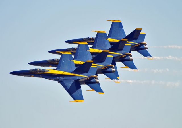 McDonnell Douglas FA-18 Hornet — - US Navys air demo team Blue Angels flying in formation at Miramar Air Show 2011