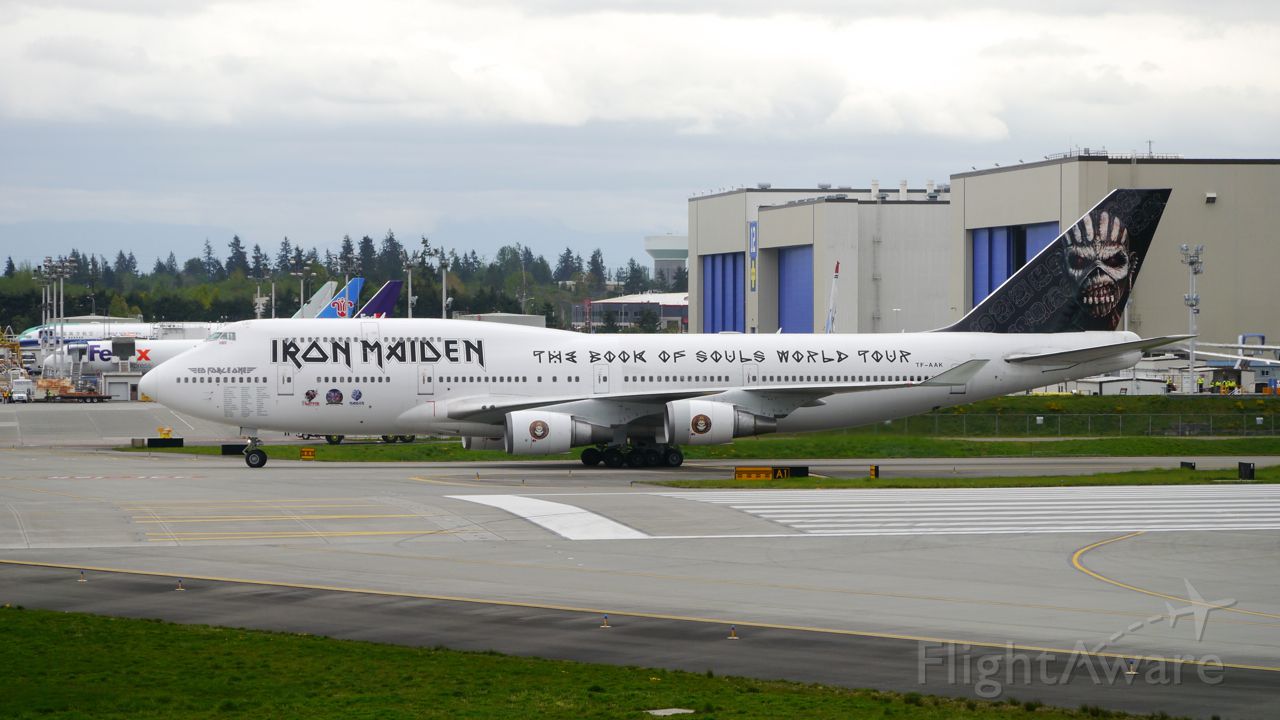 Boeing 747-400 (TF-AAK) - ABD666 ED FORCE ONE taxis to the Boeing North Ramp after landing at KPAE on 4/12/16. (ln 1325 / cn 32868). Iron Maiden made a short visit to the Boeing facility on 4/12/16.