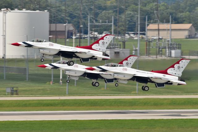 Lockheed F-16 Fighting Falcon — - This was a pleasant surprise. All Eight of the T-birds F-16's diverted into IND yesterday, 08-29-22 due weather while heading   KSWF-KGCK. Here three of them shown departing 23-R.