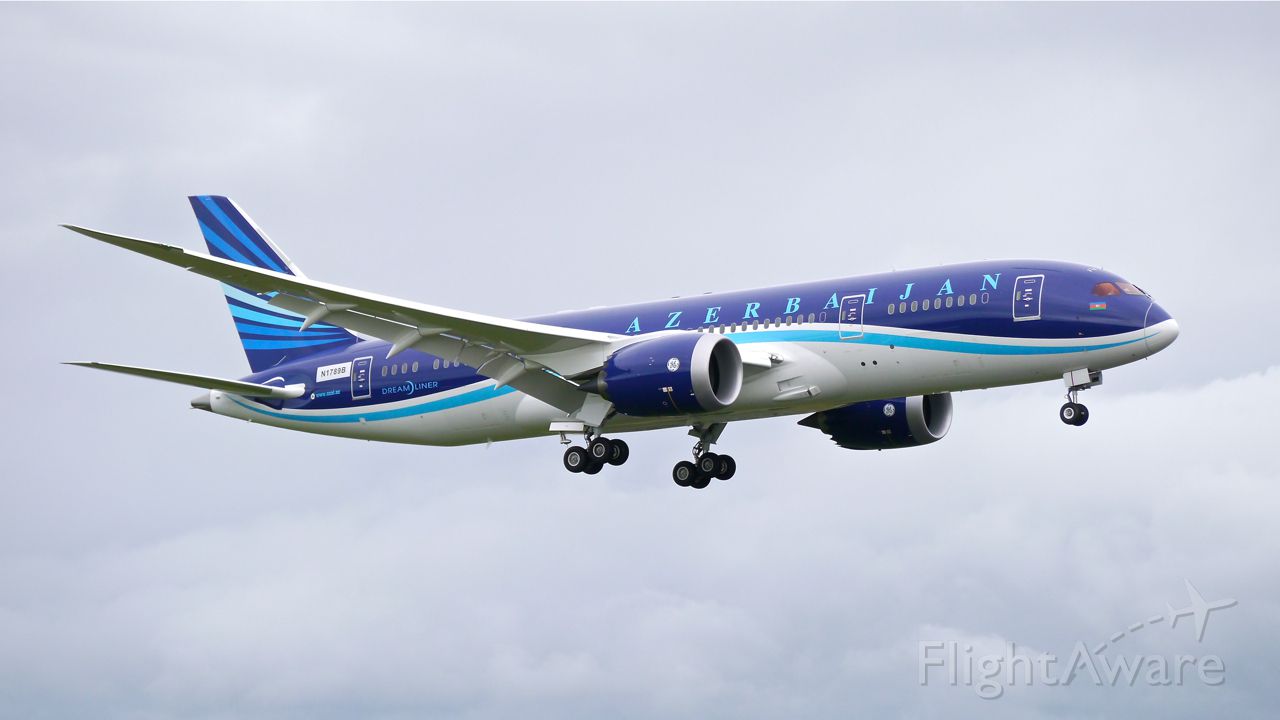 Boeing 787-8 (VP-BBR) - BOE740 on final to Rwy 16R to complete its maiden flight on 11/6/14. (ln 211 / cn 37920). The aircraft is using temporary registration #N1789B. This is the first DreamLiner for Azerbaijan Airlines.