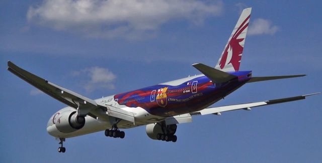 Boeing 777-200 (A7-BAE) - FC Barcelona livery on this Qatar Airways 77W on final at Dulles!