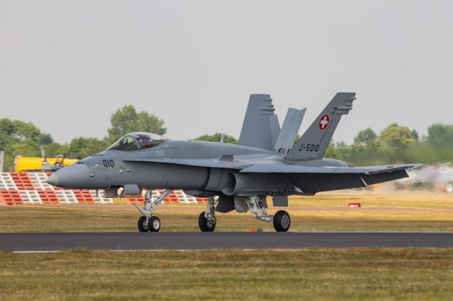 McDonnell Douglas FA-18 Hornet — - Swiss Airforce FA/18 Hornet taking to the runway to depart 