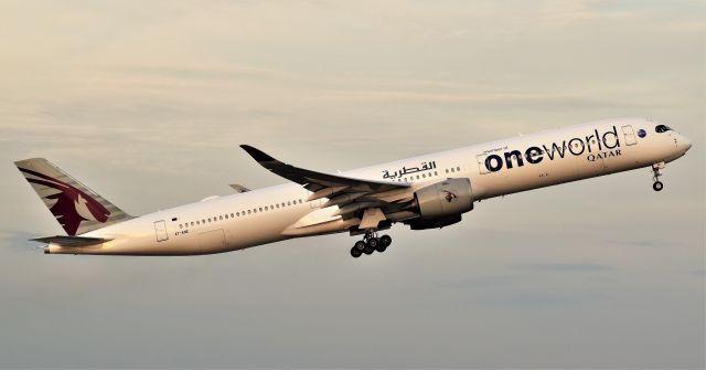 Airbus A350-900 (A7-ANE) - Qatar Airways (One World Livery) departs IAH Houston.