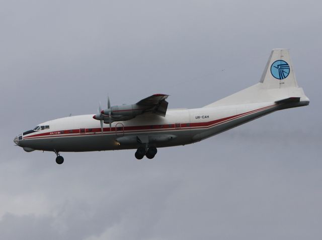Antonov An-12 (UR-CAH) - This was an unexpected visitor at Frankfurt / Main Airport. <br>Final approach from the Ukraine Air Alliance Antonov An-12BK. Sorry for the bad quality, the weather was today not my best friend.