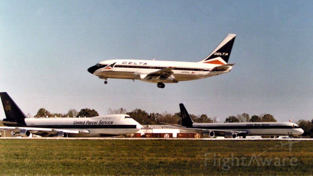 — — - Scan from picture I took at Louisville, KY in 1985. I borrowed the camera but was not sure how to use it. The 747 and DC8 were holding short for the arriving 737 from Atlanta. Lot of good memories from spotting at Louisville from 1982-1985. Wish I had owned a good camera back then.