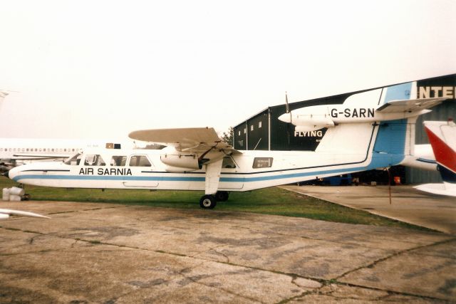 PILATUS BRITTEN-NORMAN Trislander (G-SARN) - Seen here in Oct-90.  Reverted to G-BEFO 8-Jan-91,br /then transferred to Tanzania 12-Aug-92 as 5H-AZP,br /reverted to G-BEFO 9-Jun-95,br /then exported to Fiji 4-Feb-02 as DQ-TRI.