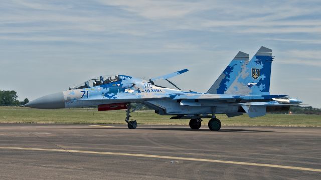 Sukhoi Su-27 Flanker (B1831M1) - Ukraine Air Force Two-Seater Sukhoi Su 27UB1M Flanker B-1831M1 / 71 Blue about to depart RAIT RAF Fairford - 17th July 2017. br /Code VS is Air Force and the Code B-1831M1 means - (B) Fighter / (1) 1st Flight / (831) 831 Brigade / (M1) After Modernization. br /Before the Code is the badge of the 831 brTA at Myrhorod AFB.