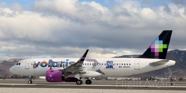 Airbus A320neo (N532VL) - N532VL, the Volaris A320 with the special "Space Jam" decals with the Looney Tunes characters (AND Lebron James), taxies north on Alpha toward the terminal after landing at RNO from Guadalajara.br /This is the left side of the jet. The livery decals are different on the other side.br /Volaris has featured this special scheme since August.