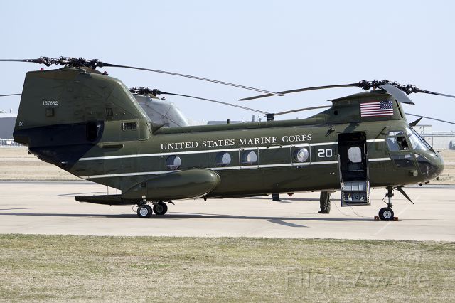 VERTOL 107 (15-7682) - CH-46F, of HMX-1, in presidential duty colors. Stop-over for fuel, on it's way with 155311 to the boneyard for retirement. -March 2014