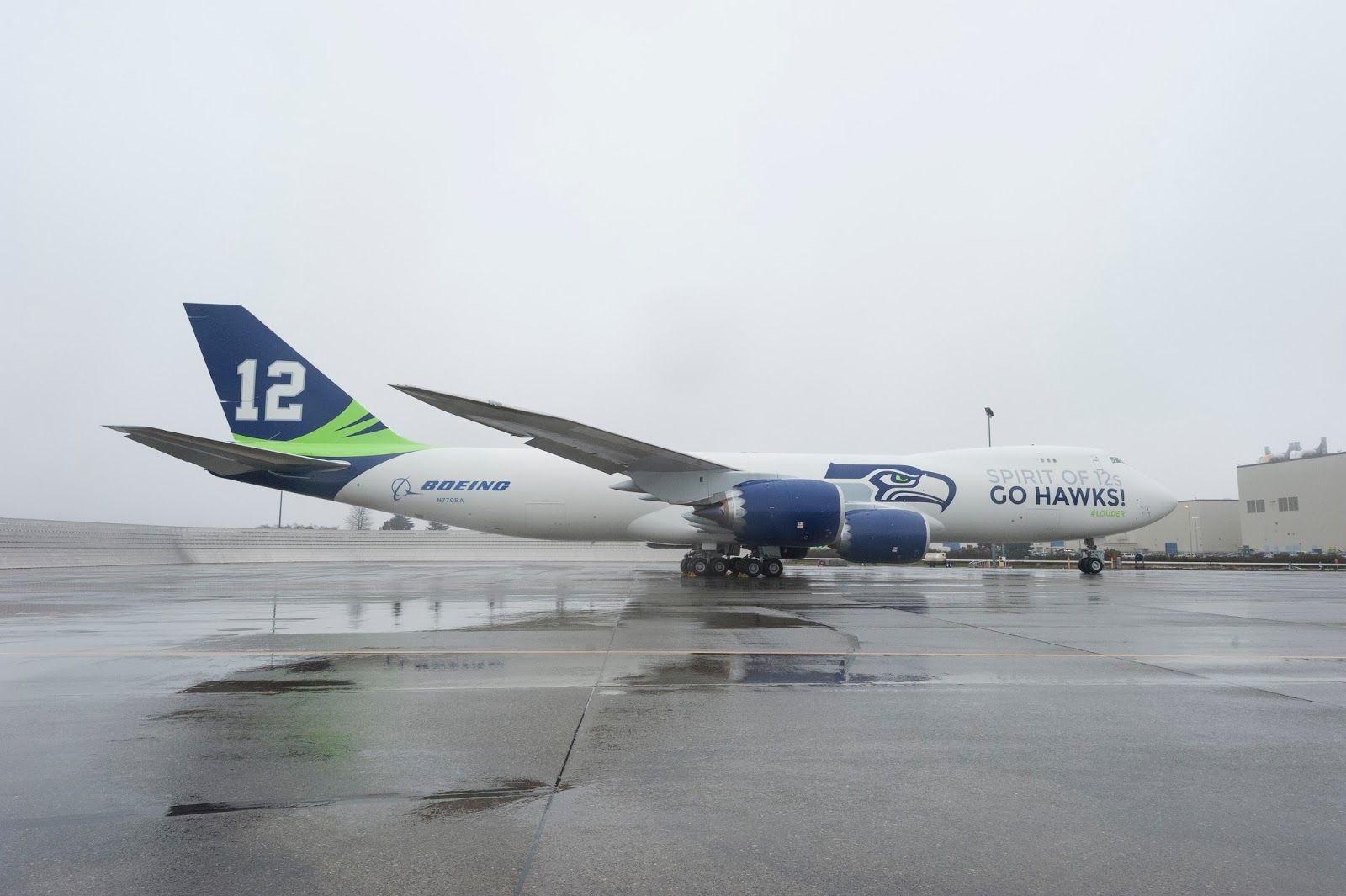 BOEING 747-8 (N770BA) - At Paine Field in Washington State at the unveiling of the Seattle Seahawks livery by Boeing. (Photo Courtesy of Boeing)