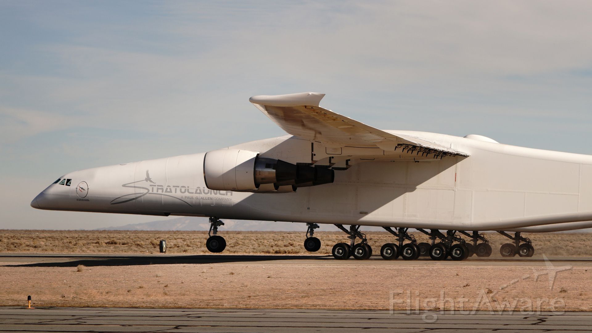 Eurocopter AS-350 AStar (N351SL) - Stratolaunch with its nose wheels off the ground during January 2019 high-speed taxi testing.