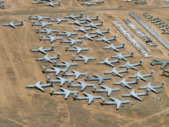 Lockheed C-141 Starlifter — - April 19, 2009: 43 Starlifters in one photo! Just a small part of the AMARG storage facility in Arizona.