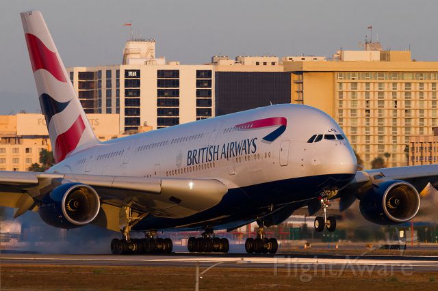 Airbus A380-800 (G-XLED) - Here we see LED touching down on 24R. Shot taken on 8-6-2014 at 19:40PDT.