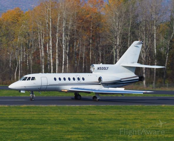 Dassault Falcon 50 (N500LY) - One of Lyon Aviation's four Falcon fleet lands at Pittsfield on a beautiful fall afternoon. 10-24-21  