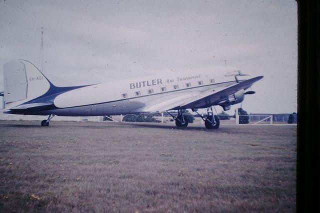 Douglas DC-3 (VH-AOI) - Butler Air Transport DC3 at Flinders Island, probably being used by Ansett-ANA, circa 1959
