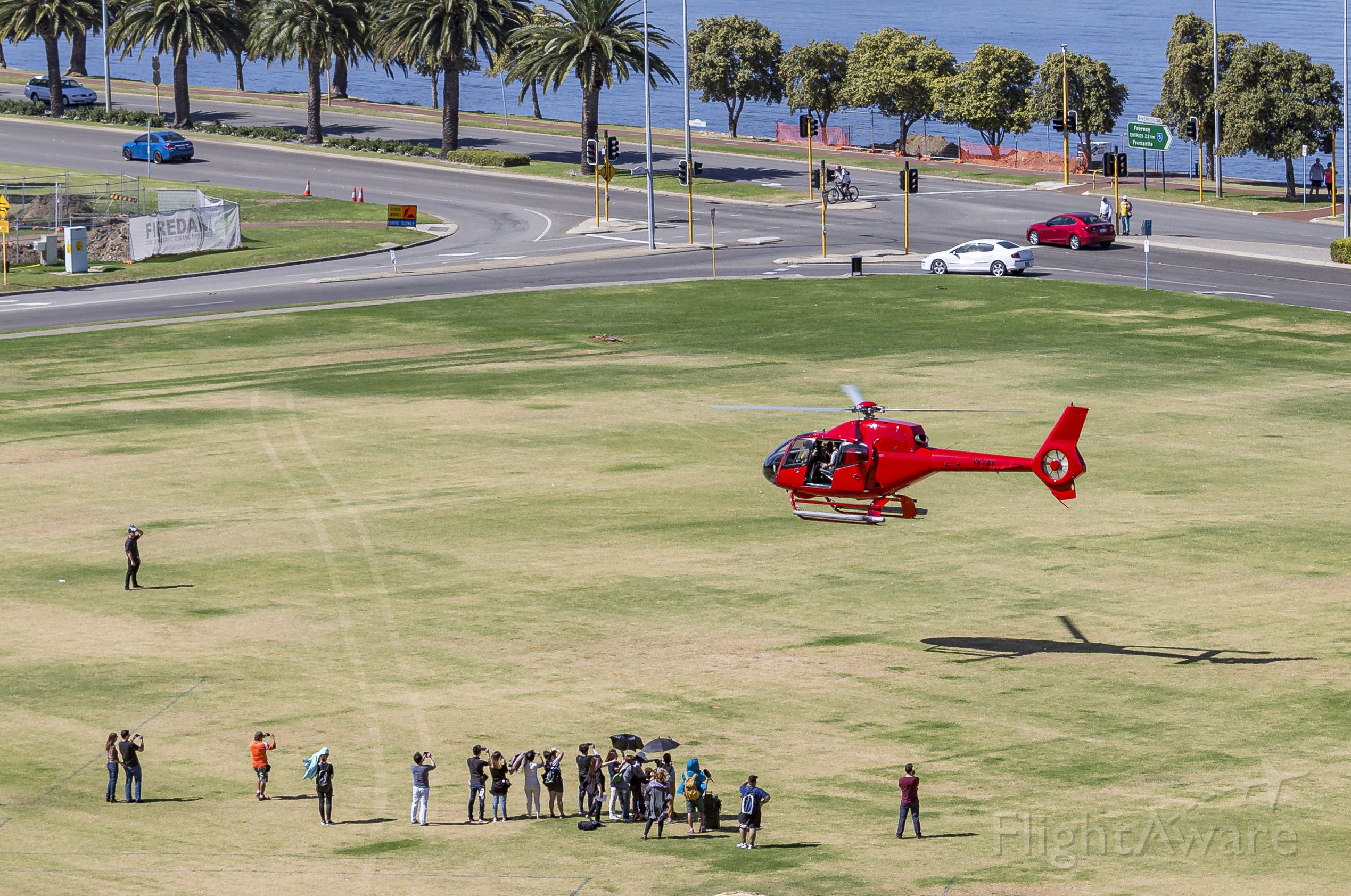VH-YWY — - A West Coast Helicopters Eurocopter landing at Langley Park in Perth with the Swan River in the background. Ferrying tourists to Rottnest Island.