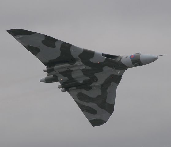 XH558 — - The last flying Avro Vulcan displays its underside in possibly its last flypast of Manchester on 27.09.09.    Its flight status has not yet been secured for next year due to funding issues.    More info is available at: www.vulcantothesky.org