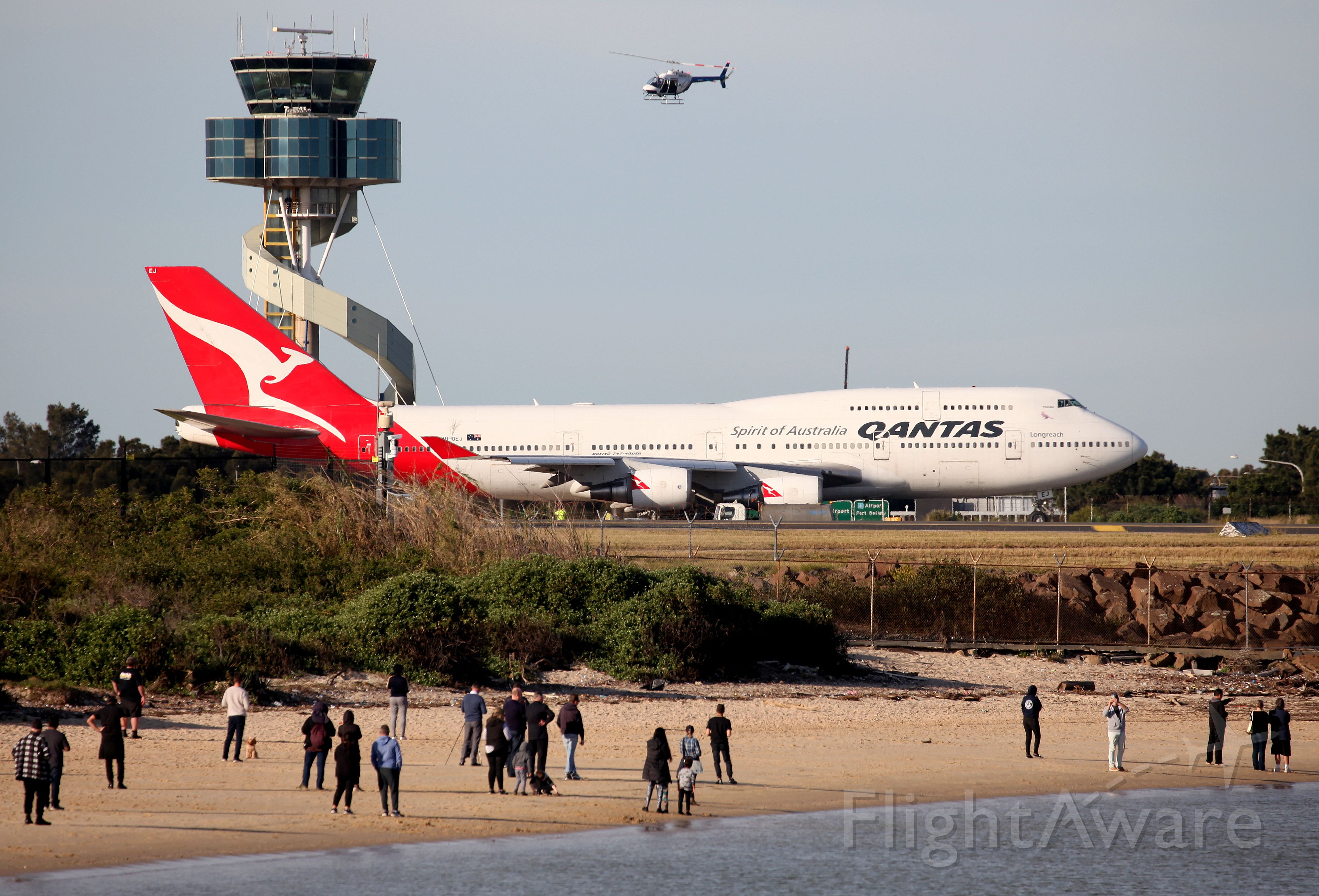 Boeing 747-400 (VH-OEJ) - "WUNALA" did a Circuit of Kingsford-Smith Airport before Departure and then created the 'Flying Kangaroo' logo on Flight Radar off the coast!49 Years of Qantas Queens comes to an end :(