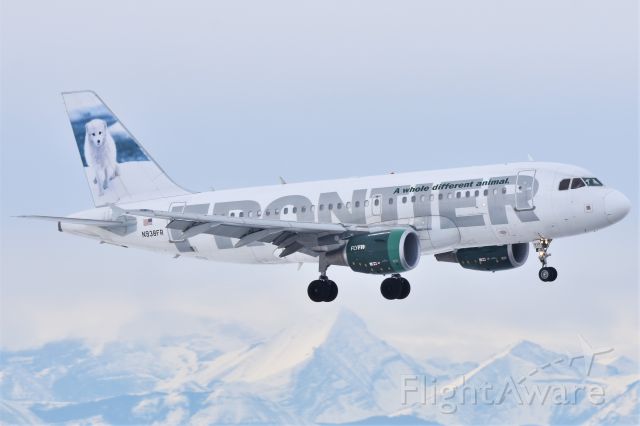 Airbus A319 (N938FR) - Frontier Airlines Airbus A319-112 arriving at YYC on Dec 14, 2019.