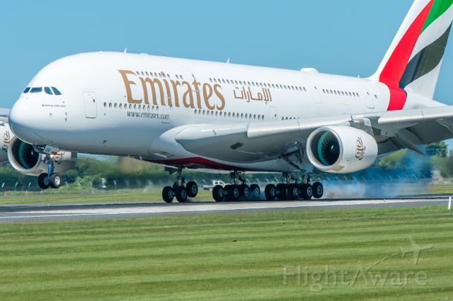 Airbus A380-800 (A6-EUG) - Emirates Airlines brand new Airbus A380-800 A6-EUG spinning the rubber up in a millisecond on Runway 02 at Christchurch Airport on 31 October 2016.br /br /This starts the regular daily A380 service from Sydney to Christchurch (and return) on the tail end of the Dubai to Sydney flight using an A380 instead of the lovely B77Ws.