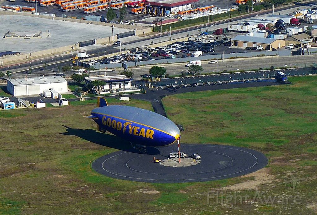 — — - Flying over the good old Goodyear blimp at its base in Carson California. Soon his days are over to be replaced by the modern Zeppelin NT