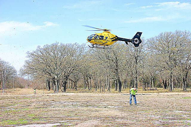 Eurocopter EC-635 (N332PH) - A mass casualty drill was conducted by the Hunt County Emergency Response Team and the Hunt Regional Health Care Center on 17 March 2015.  The scenario involved a commercial airline crash landing at the fairground adjacent to Majors Field, Texas. PHI took part and is seen lifting off from the fairgrounds where the initial triage center was erected.