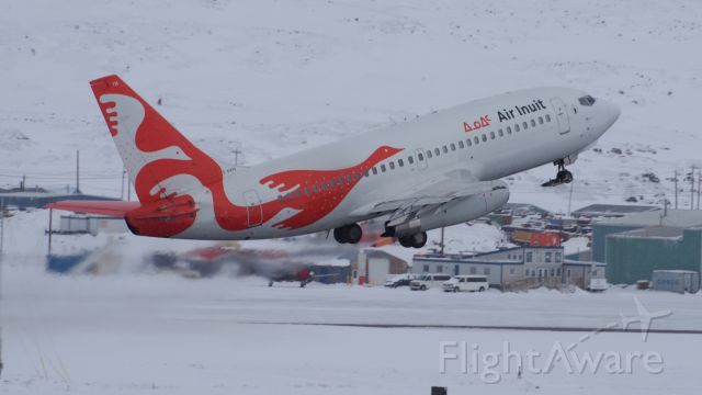 Boeing 737-200 (C-GAIG) - TEST00 - Air Inuit B737-200, leaving the Iqaluit airport. March 11, 2018 *Note the deflector on the front wheel.
