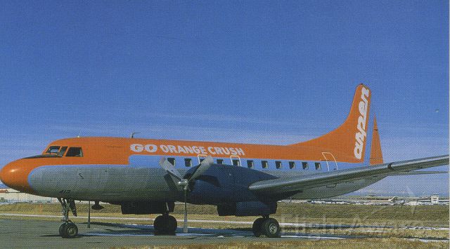 CONVAIR CV-340 Convairliner (N5412) - scanned from postcardbr /Aspen Airways "Go Orange Crush" referring to 1978 Denver Broncos Superbowl