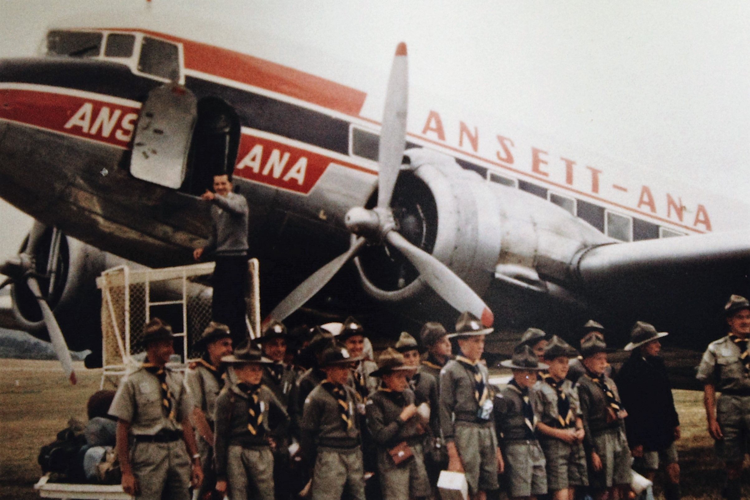 Douglas DC-3 — - 1st Flinders Island scouts ready to depart Flinders for Launceston for a camp . Unidentified Ansett-ANA DC3. circa 1962