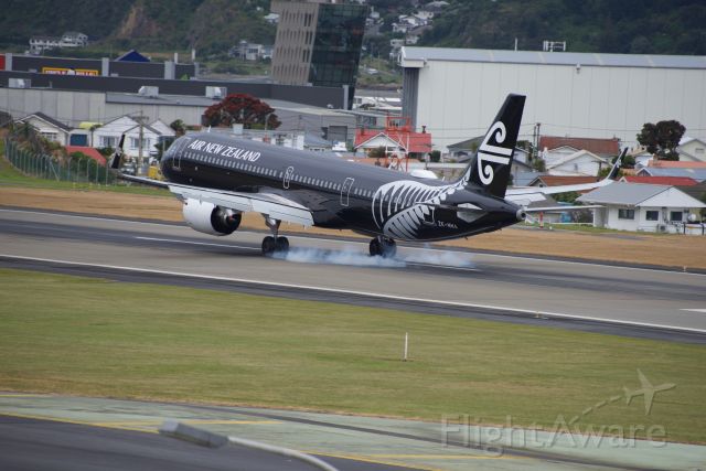Airbus A321 (ZK-NNA) - ZK-NNA kicking up a lot of smoke on a bumpy landing at Wellington on its inaugural service.