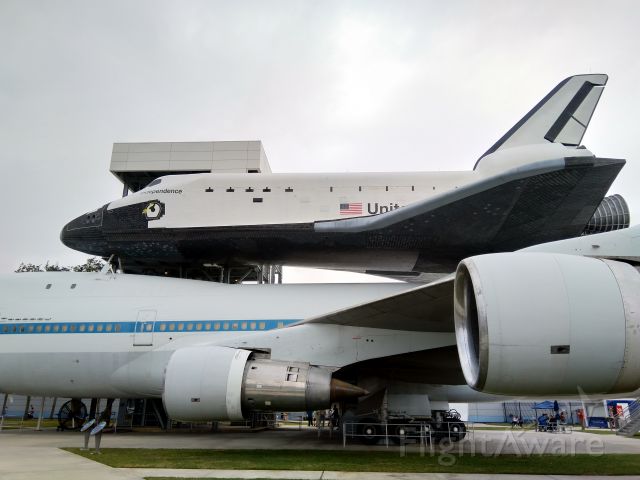 — — - Replica Space Shuttle Independence at the Houston Space Center.  It sits on top of NASA 905, a Boeing 747 configured to carry the space shuttle.