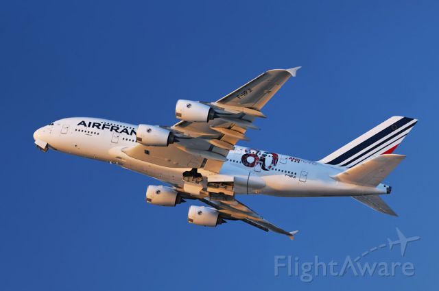 F-HPJI — - An Air France operated Airbus A380-861 superjumbo in special 80th anniversary livery, takes to the skies in the late afternoon, after liftoff from the Los Angeles International Airport, LAX, in Westchester, Los Angeles, California
