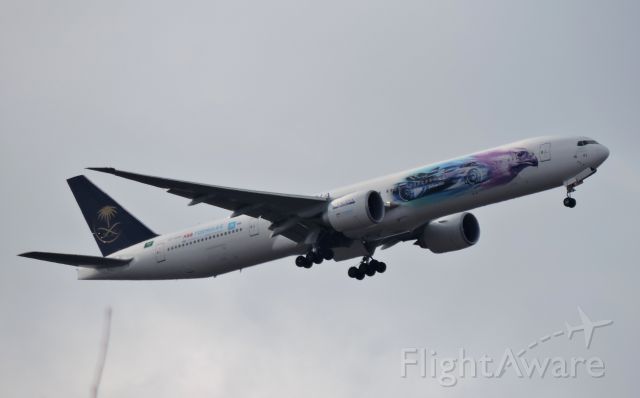 BOEING 777-300 (HZ-AK43) - "Formula-E Championship" livery minutes from landing, winter 2019.