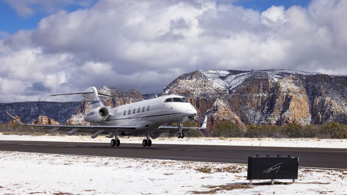 — — - Challenger 300 departing Sedona Airport after a snowstorm in February of 2023. Photo by Ted Grussng of Sedona AZ