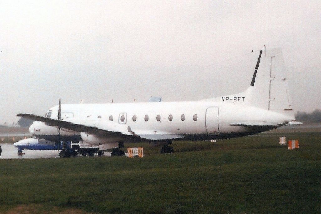 Hawker Siddeley HS-748 (VP-BFT) - Seen here on 26-Nov-97.br /br /Reverted to G-BMFT 28-Nov-97 then reregistered G-OPFW for Emerald Airways.br /Registration cancelled 15-Jun-09 as permanently withdrawn from use.br /Broken up at EGNH.