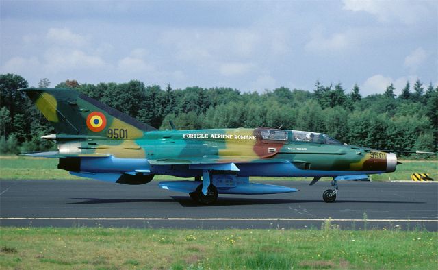 N9501 — - Romania AF MiG-21UM Fishbed on the runway at Twenthe AB, The Netherlands during a squadron exchange