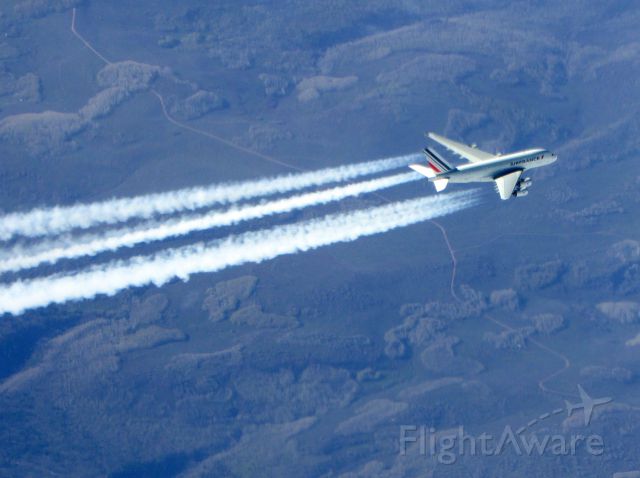 Airbus A380-800 (AFR65) - We captured this picture while overtaking this Air France A380 over Utah.  We were at FL410, they were at FL370.  AFR065, departed LAX to LFPG. 