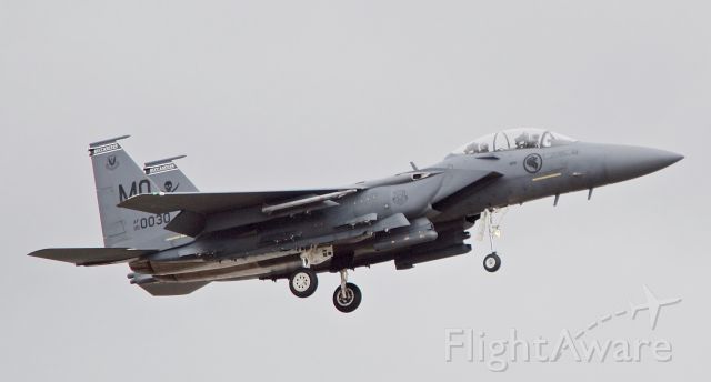 McDonnell Douglas F-15 Eagle (05-0030) - This “Strike Eagle” made a instrument approach to Reno in snowy weather with a touch and go on 12/21/15. This is an F-15SG from the 428th Fighter Squadron Mountain Home AFB. The 428th is the training squadron for the Republic of Singapore Air Force F-15SG crews and maintainers under the auspices of the Peace Carvin V agreement. The F-15SG is an export model for the RSAF and has the latest upgrades and flying with USAF markings they are owned by the RSAF. Note the RSAF roundel (lion head) on the side beneath the pilot position