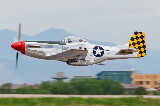North American P-51 Mustang (NL1451D) - A P-51 makes a low departure at KAPA. Sad news I learned this P-51 crashed about two weeks after this photo was taken completely destroying the plane. There is now only 122 P-51s left in the world.