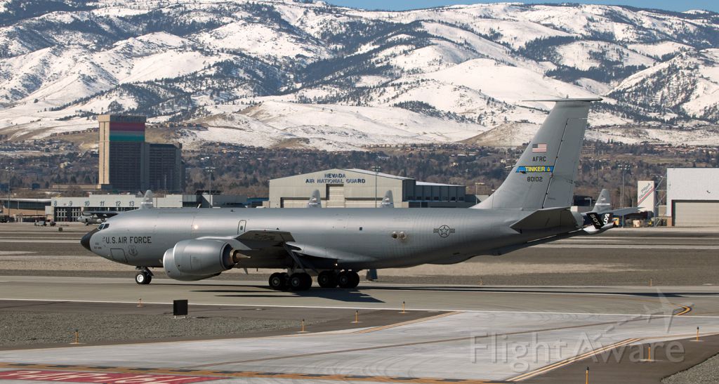Boeing C-135FR Stratotanker (58-0102) - A KC-135R tanker from Tinker, 580102, begins the "slowing down" process by using flaps, ailerons, brakes, etc., after a noon-hour landing on KRNOs runway 16L.  This oldtimer, built in 1958 (just eight years after I was born), has an entirely new lease on life as a result of it receiving a Block 45 program upgrade last year.  All eight tankers in the 507th Air Refueling Wing (AF Reserve Command) at Tinker (Oklahoma) have been upgraded.