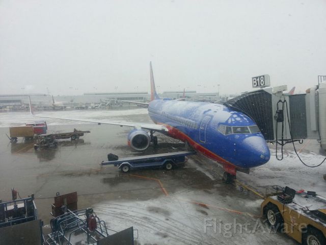 Boeing 737-700 — - Took this picture of our delayed flight in Chicago O'Hare International Airport during the Snow Storm that swept across Northern America.