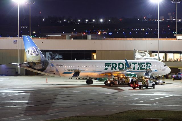 Airbus A321 (N708FR) - Frontier A321 sitting at the gate on a late night at CVG