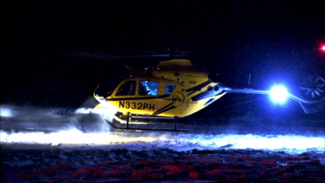 Eurocopter EC-635 (N332PH) - PHI-4 (N332PH), a PHI Air Medical Eurocopter, lifts-off from a snowy night scene outside Berea, KY bound for the U.K. Medical Center Heliport (37KY)...