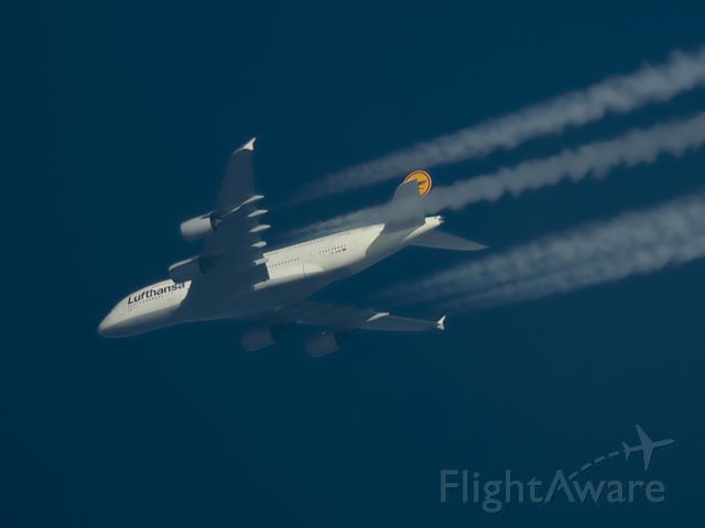 Airbus A380-800 (D-AIMI) - 29-12-2014. Lufthansa Airlines Airbus A380-800 D-AIMI Passes Overhead West Lancashire, England, UK at 36,000ft Working Route Frankfurt-San Francisco (DLH454).br /Pentax K-5.