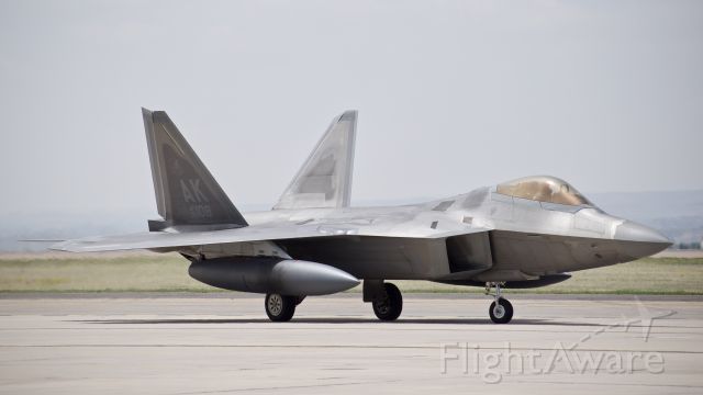 Lockheed F-22 Raptor (06-4108) - USAF Lockheed Martin F-22A "Raptor," assigned to the 525th Fighter Squadron, taxiing to the ramp after a flyover celebrating NORADs 60th anniversary